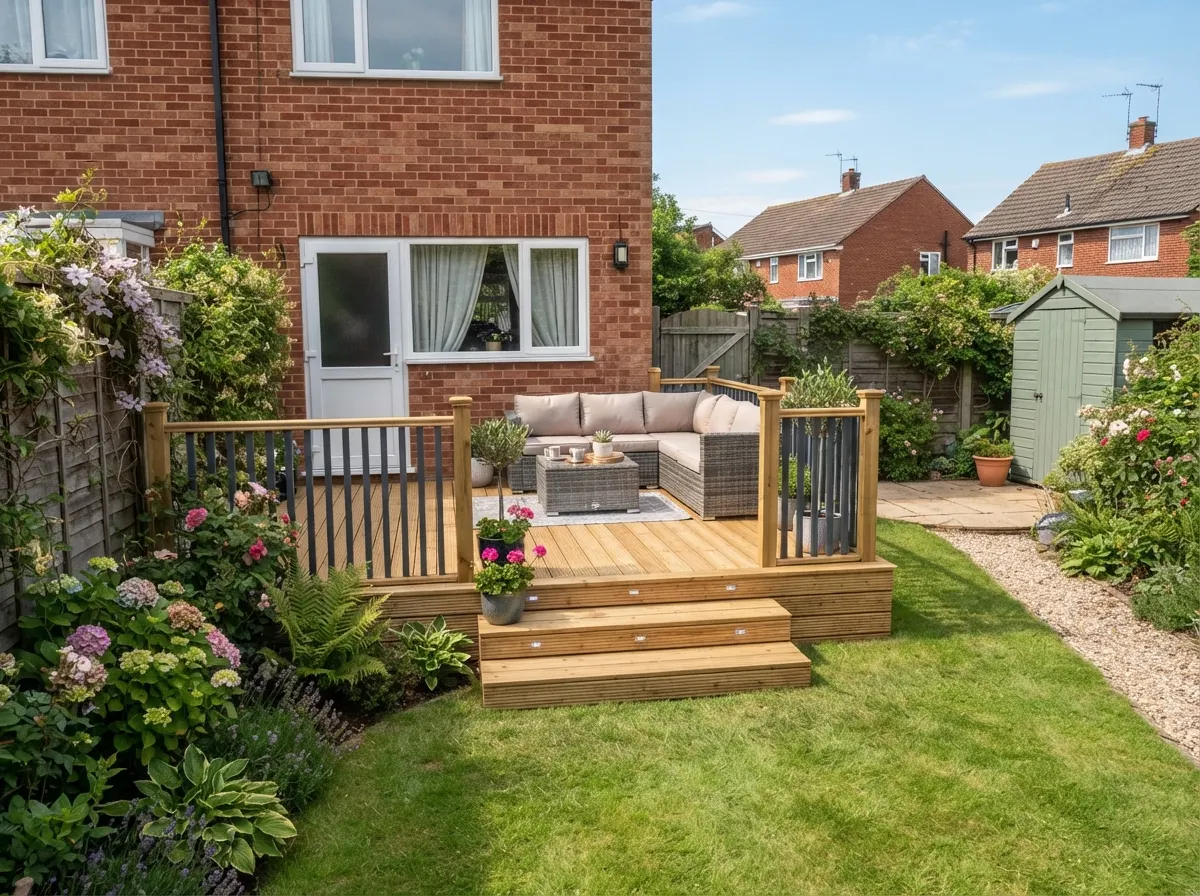 A beautifully landscaped UK garden featuring a modern composite decking area with glass balustrades and integrated LED lighting