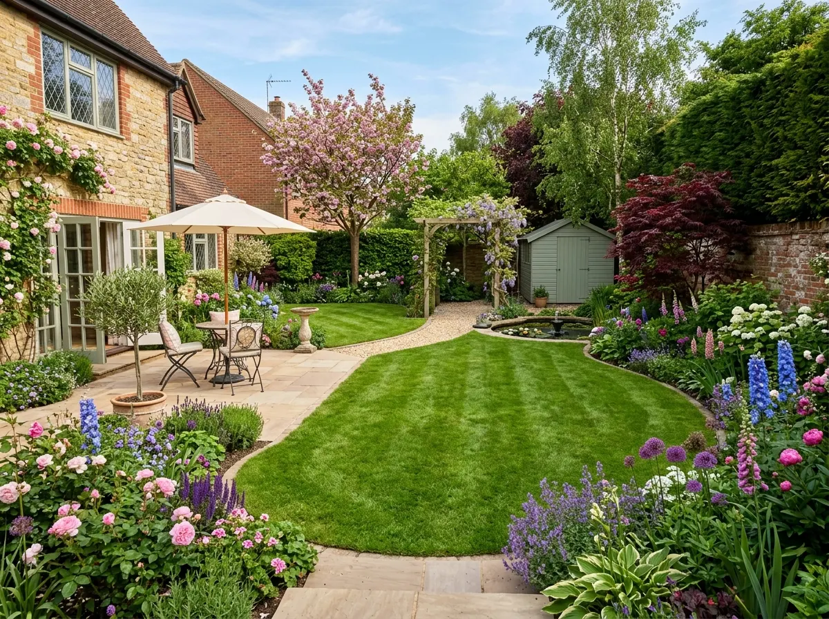 Beautifully landscaped UK garden with patio, turf, and raised planters