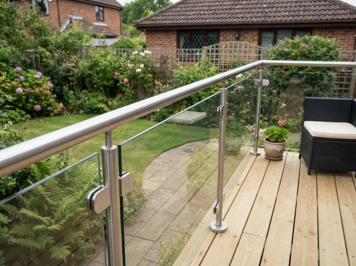 Sleek frameless glass balustrade panels surrounding a modern composite deck