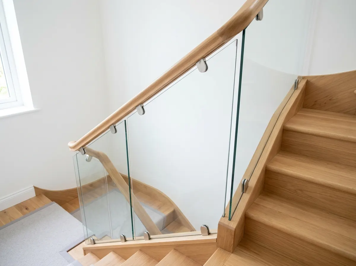 Modern staircase featuring clear toughened glass panels held by metal D-clamps under an oak handrail