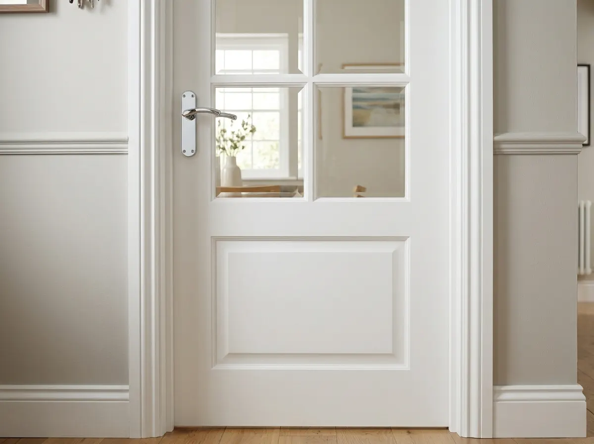 An internal door featuring large frosted glass panels