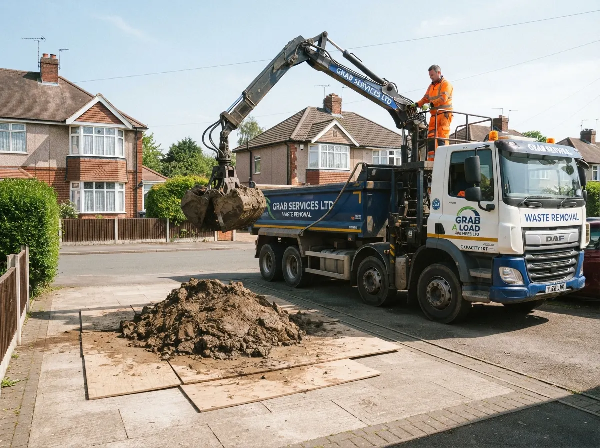 Grab lorry removing heavy soil and turf waste from an artificial grass installation