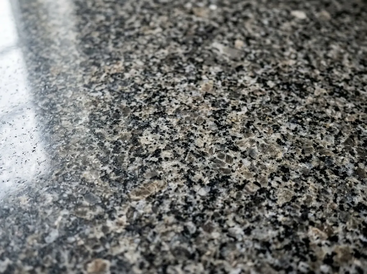 Dark natural granite worktop showing unique mineral speckles and high gloss reflection