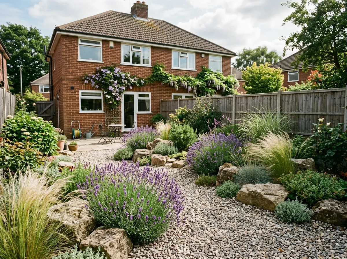 Low maintenance drought tolerant gravel garden with ornamental grasses