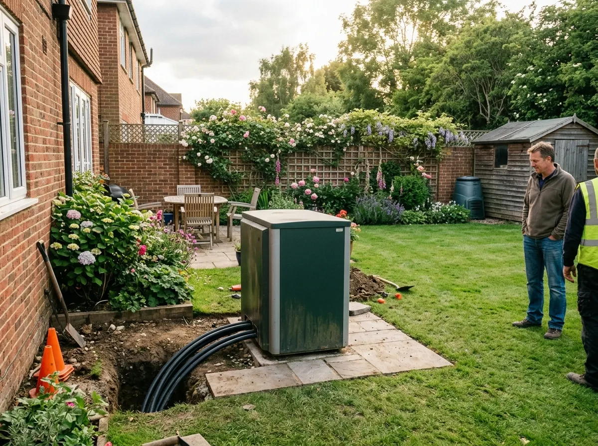 Contractors laying horizontal slinky pipes in a trench for a ground source heat pump
