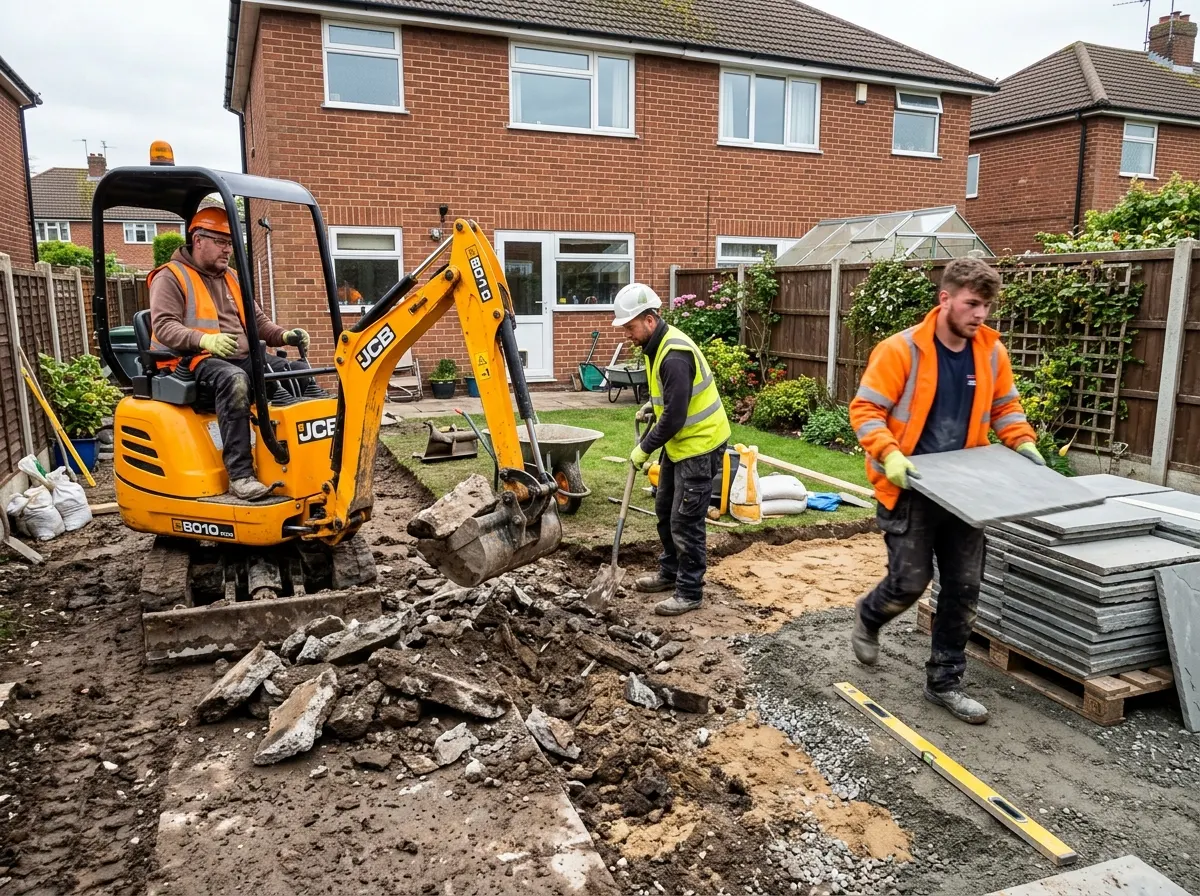 Contractors laying block paving and building rendered walls