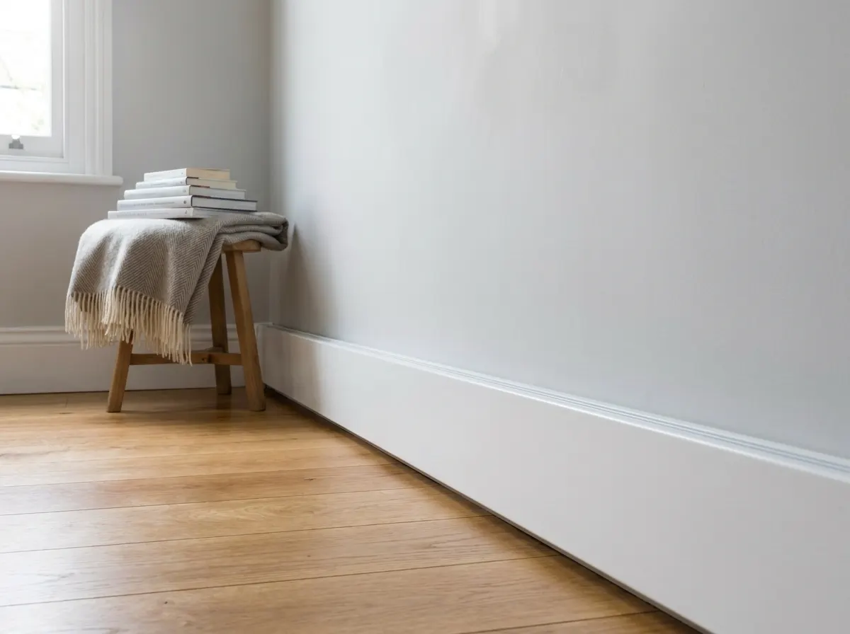 Modern ThermaSkirt heated skirting board installed along a living room floor warming the room with no radiator visible