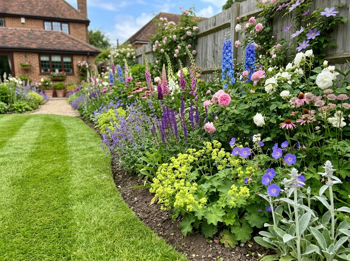 Traditional English herbaceous border with colourful perennials