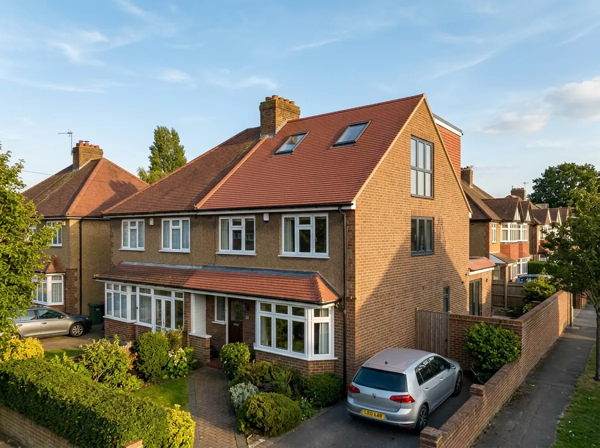 Exterior showing a hip to gable loft conversion where the side sloping roof is built up into a vertical wall