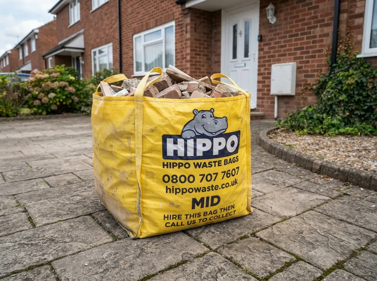A large yellow woven HIPPO bag filled with garden waste sitting on a pavement ready for collection