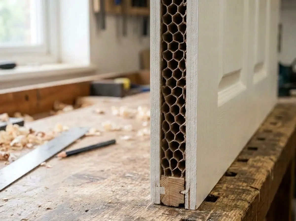 Cross section showing the cardboard honeycomb interior of a hollow core internal door