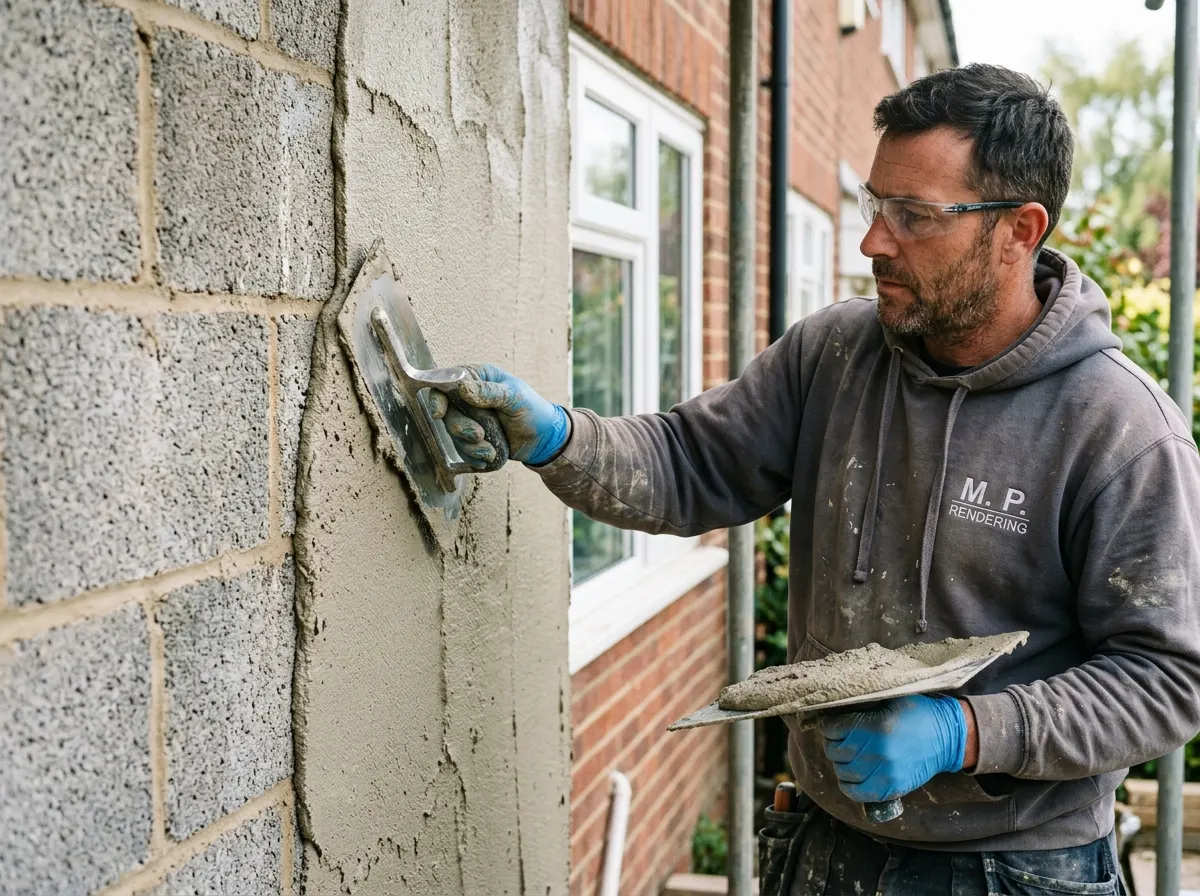 Professional plasterer applying crisp white silicone render to the exterior of a UK home
