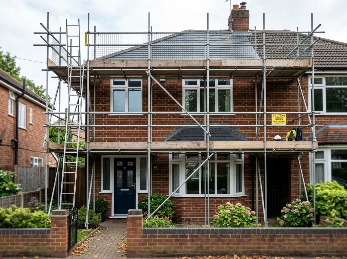 Independent tube and fitting scaffolding with safety rails