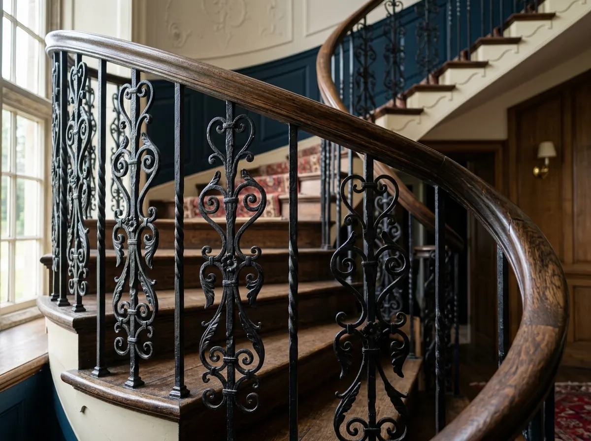 Ornate black wrought iron metal spindles on a sweeping traditional staircase
