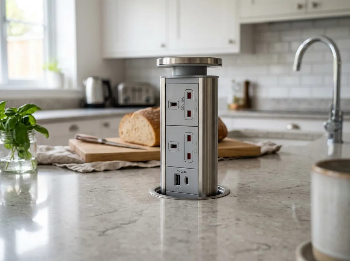 A pop-up electrical socket emerging from a quartz kitchen island worktop