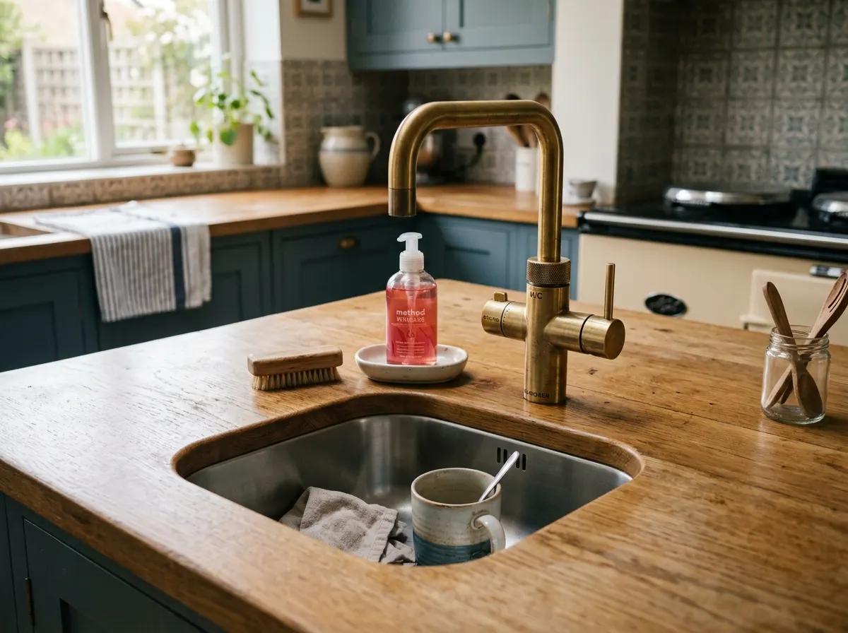 A small undermount prep sink with a brass boiling water tap set into a kitchen island