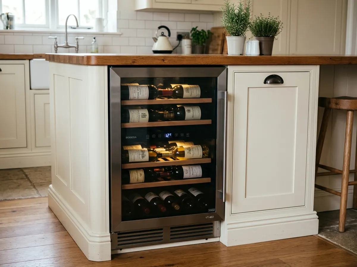A sleek glass fronted under counter wine cooler built into the end of a kitchen island
