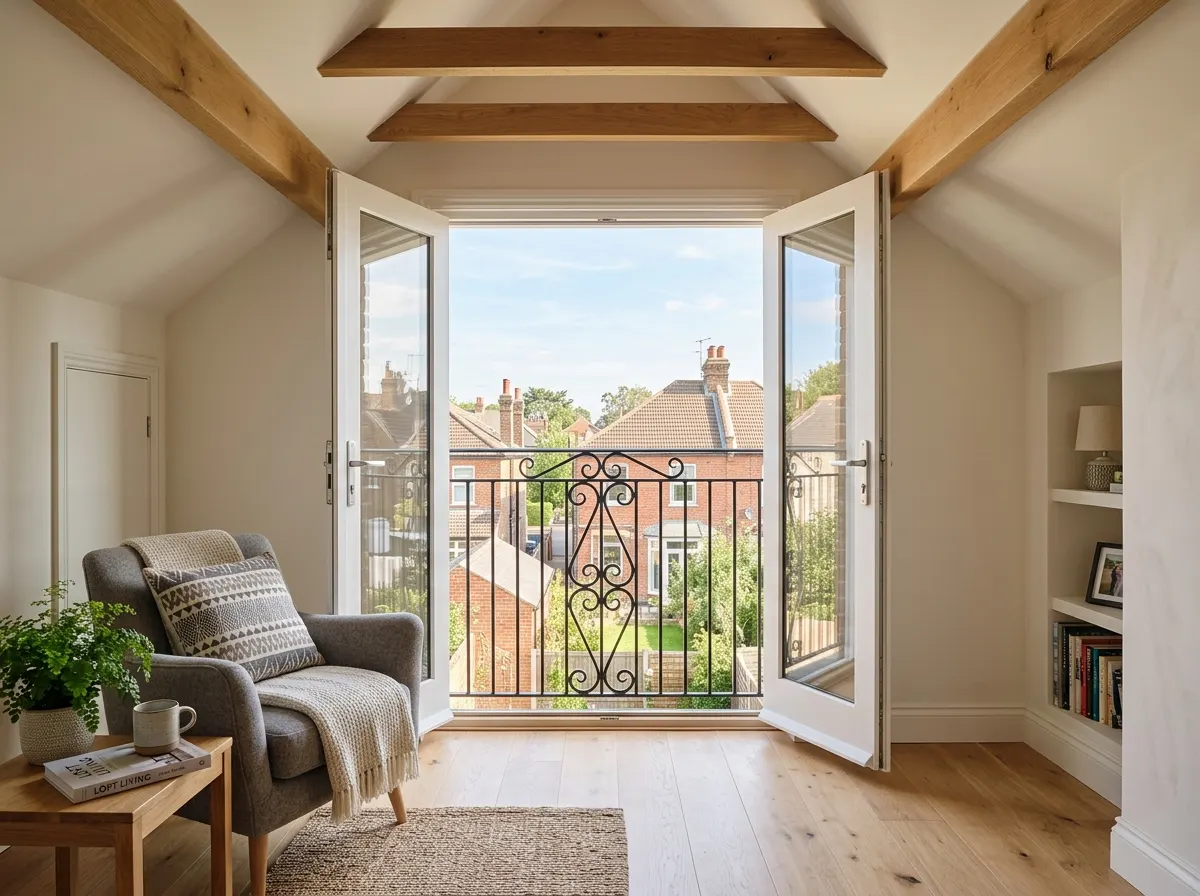 Glass Juliet balcony fitted across wide French doors in a rear dormer