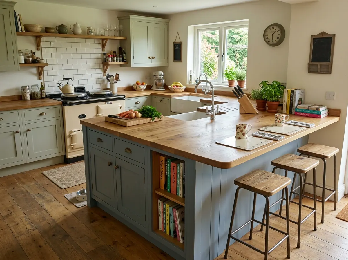 A kitchen peninsula attached to a side wall offering island style seating in a smaller space