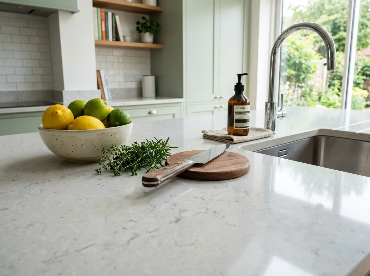 A modern kitchen island featuring a thick white quartz worktop with grey veining and an undermount sink