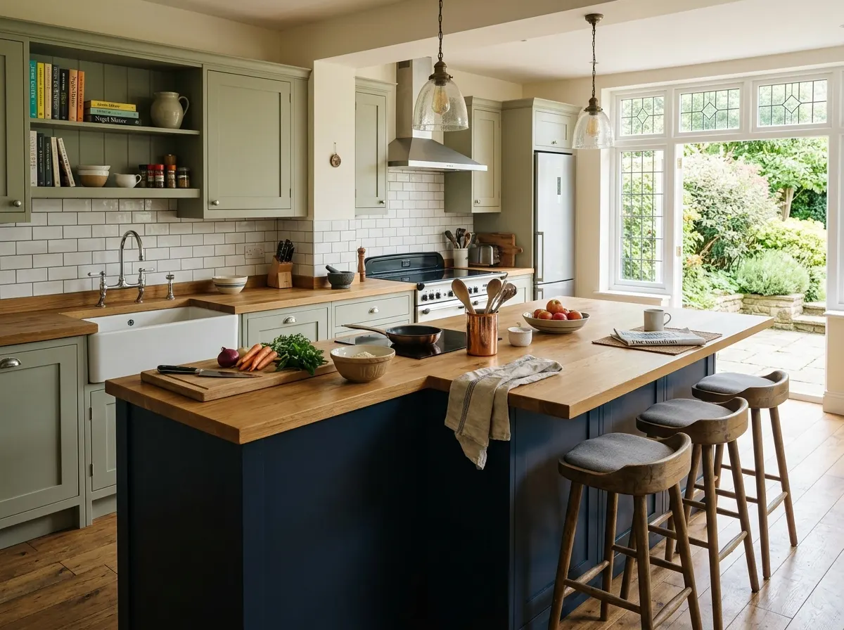 An L-shaped kitchen island forming a dedicated prep zone and seating area
