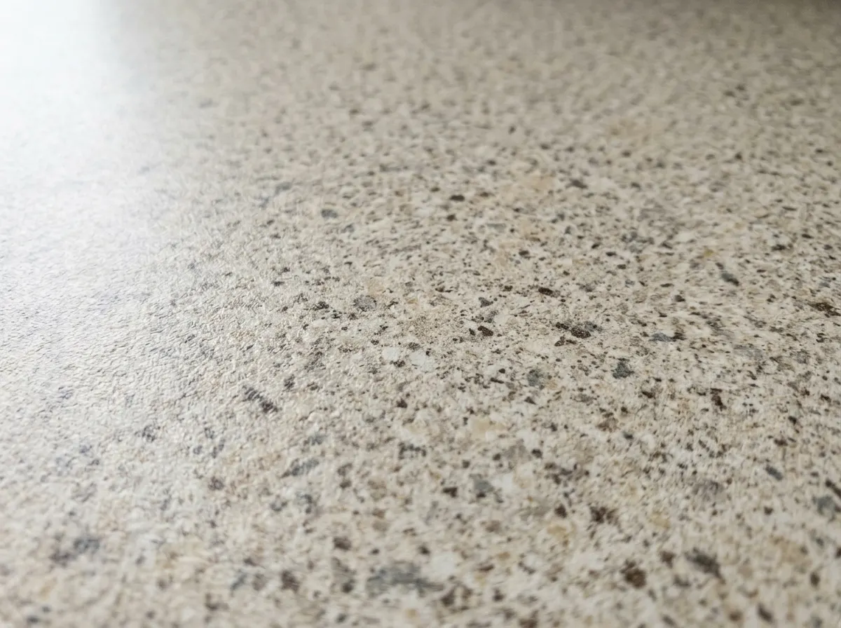 A wood effect laminate kitchen worktop with an overmount steel sink