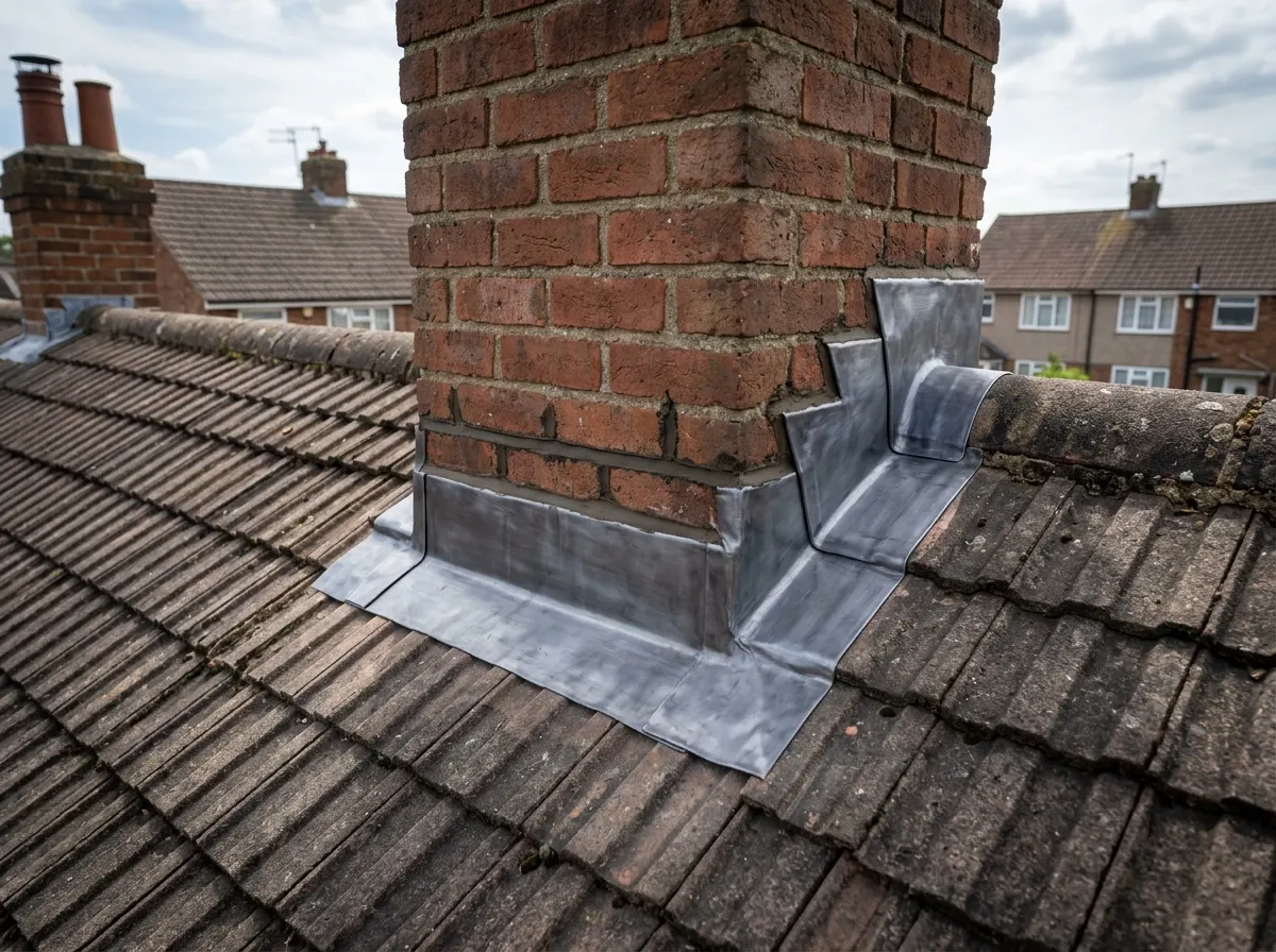 Freshly stepped lead flashing dressed neatly around a brick chimney stack on a tiled roof