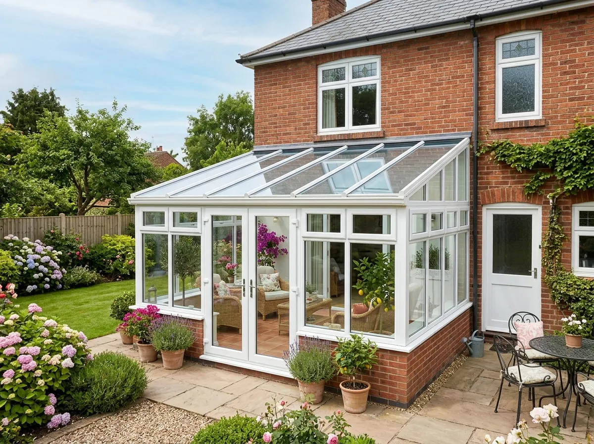 A clean white uPVC lean-to Mediterranean style conservatory with a sloping single pitch roof