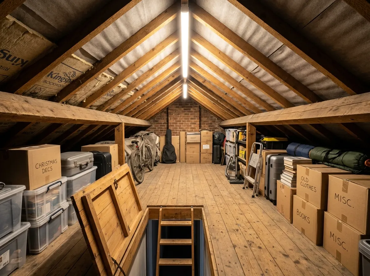 Bright long LED batten strip lights illuminating the entirety of a boarded loft