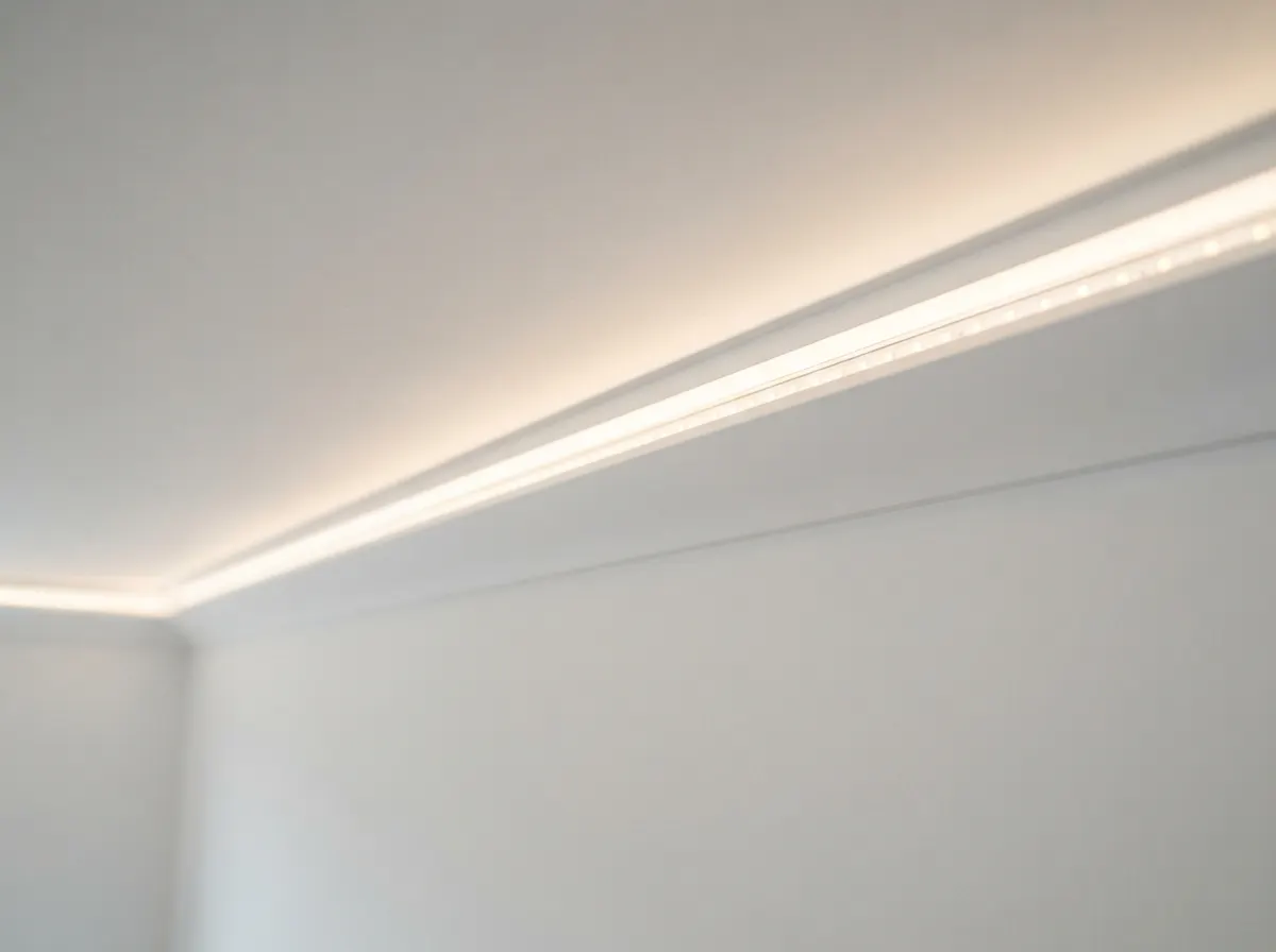 Modern coving with a hidden trough emitting a warm LED glow onto the ceiling