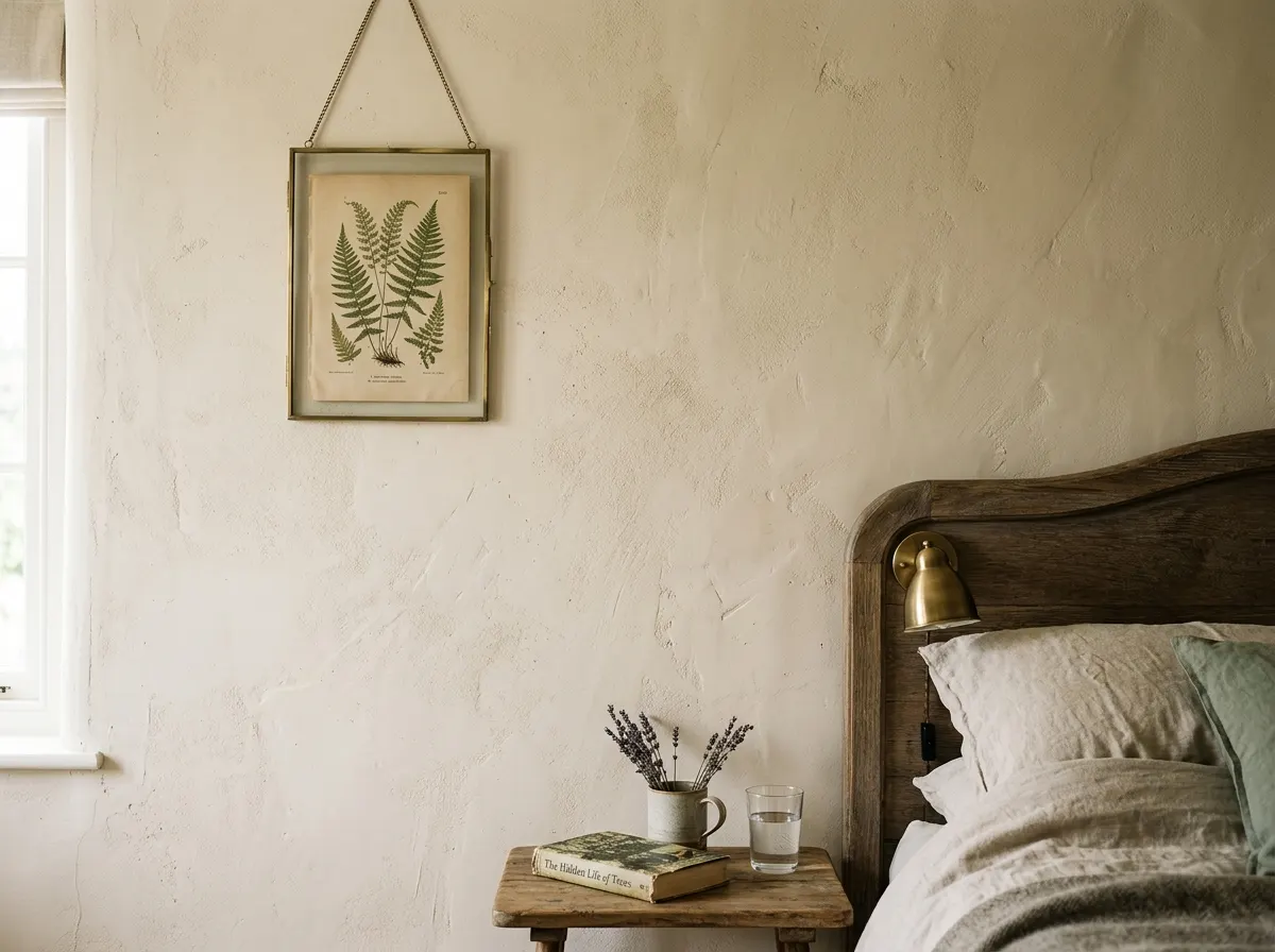 Textured limewash paint effect in a neutral beige bedroom