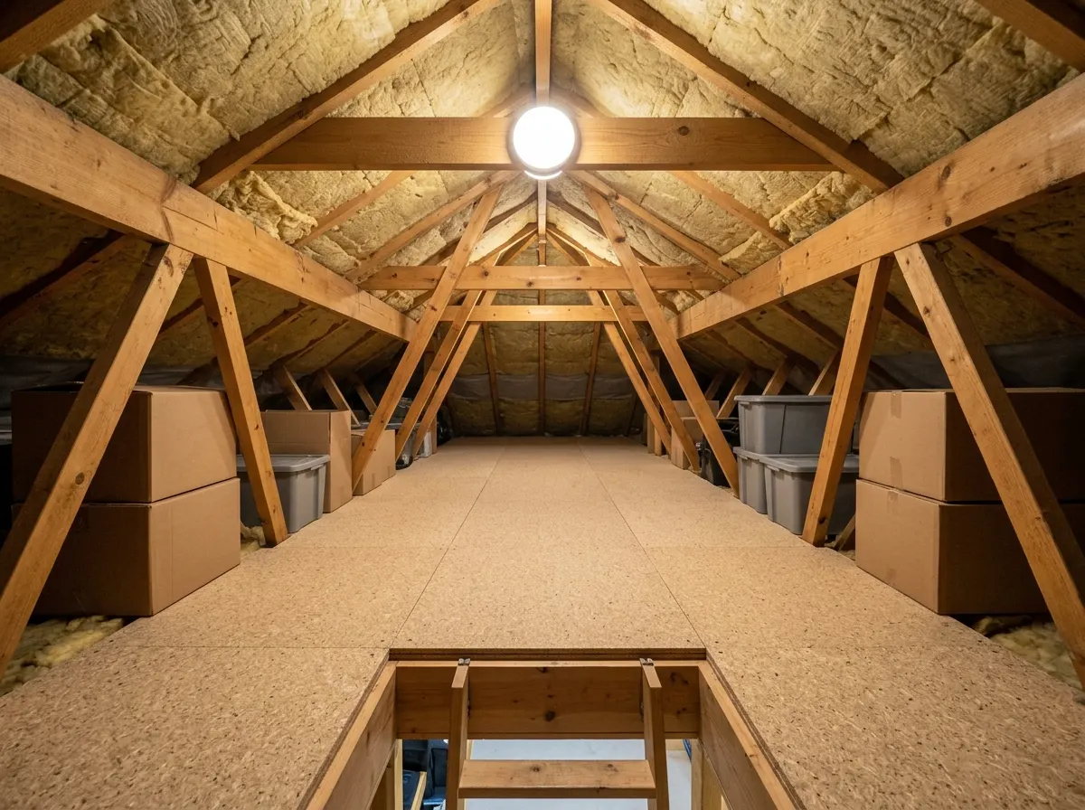 A freshly boarded loft space featuring a raised floor system and a pull-down timber folding loft ladder