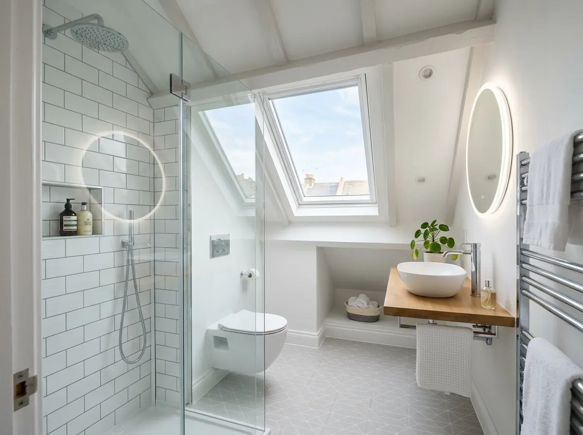 Small modern en-suite bathroom fitted under the eaves of a loft conversion
