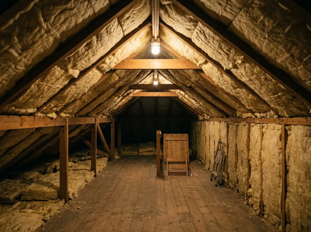 Attic space showing mineral wool laid between floor joists