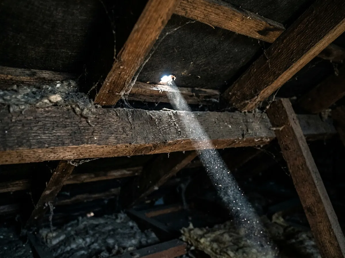 Looking from inside a dark attic to see daylight shining through a hole in the roof felt