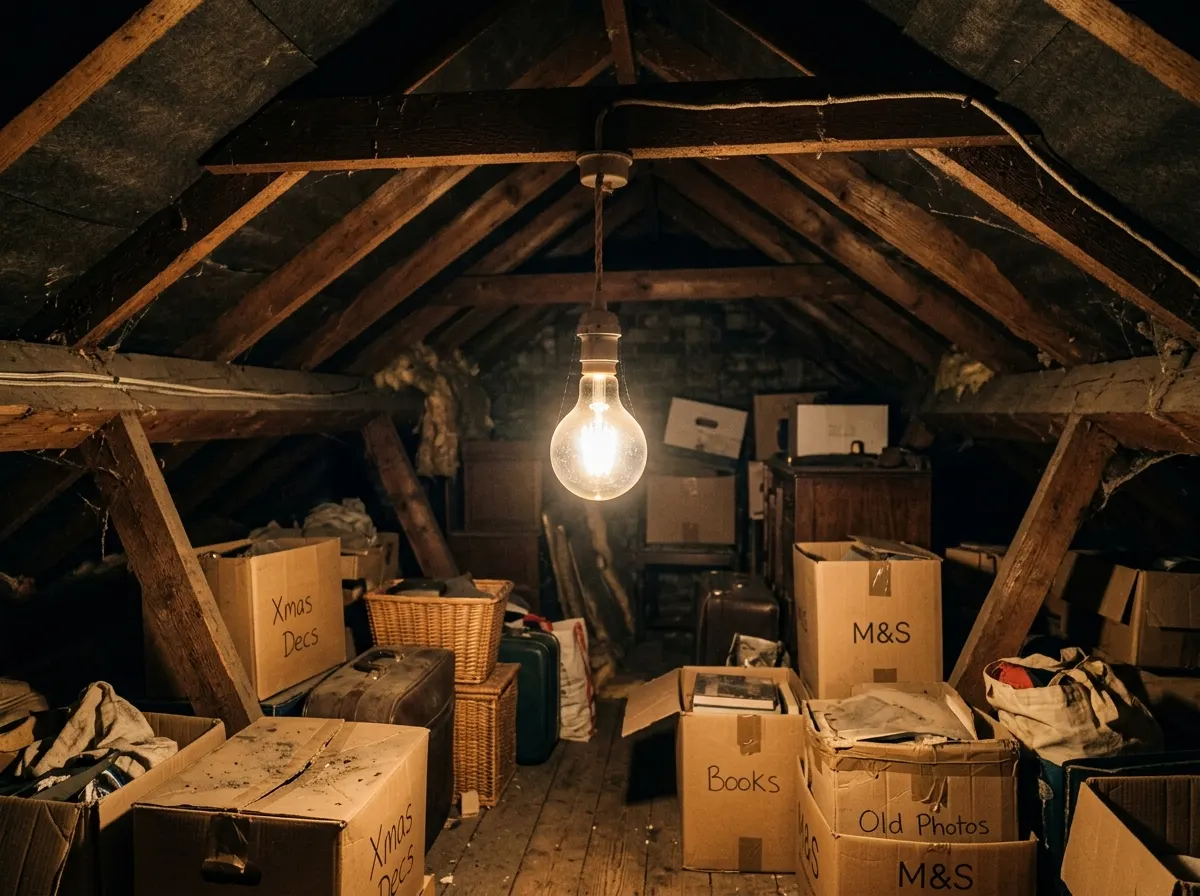 A single dangling pendant light bulb illuminating a loft space