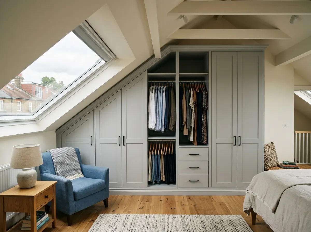 Bespoke fitted wardrobe built into the angled sloped ceiling of a loft conversion