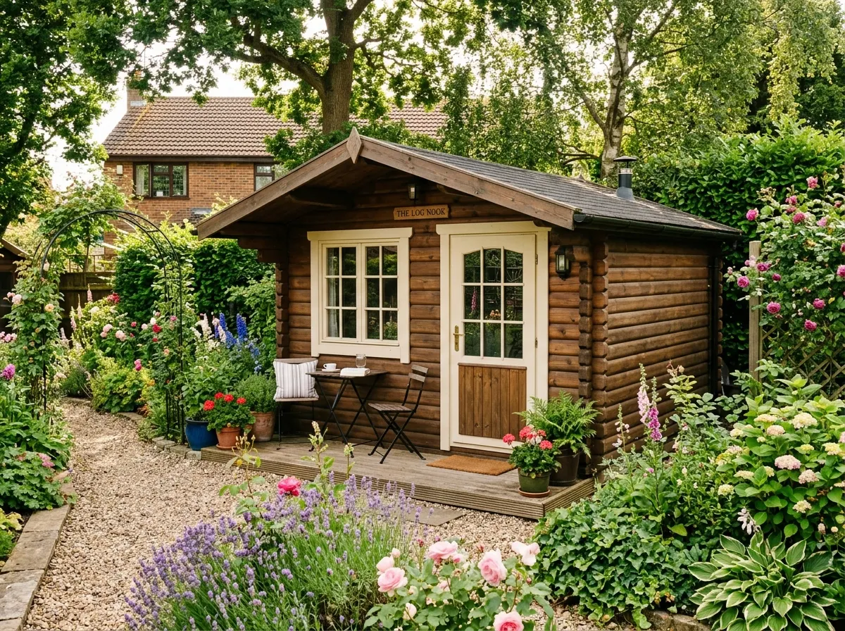 Traditional interlocking log cabin style summerhouse in a UK garden
