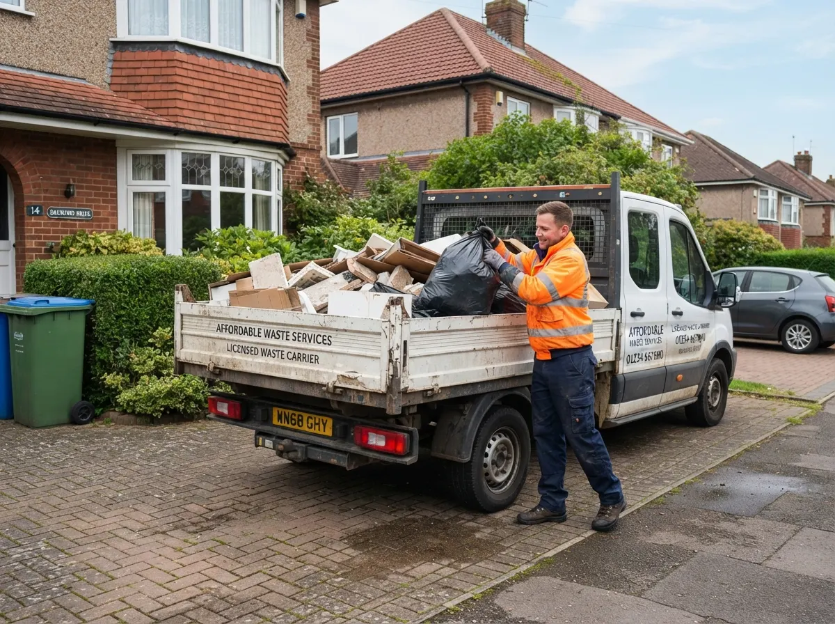 Two waste removal professionals loading bulky furniture into the back of a large transit van