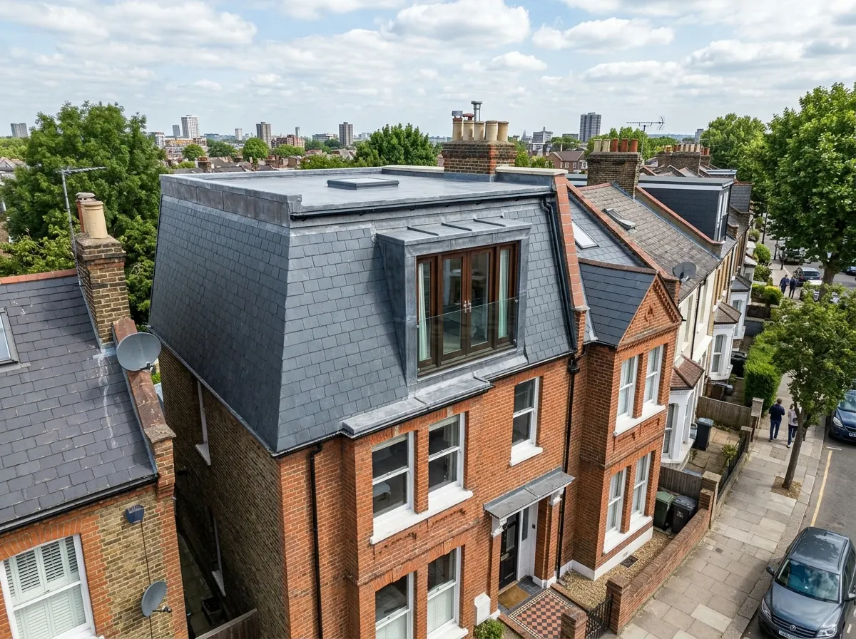 A Mansard loft conversion featuring a flat roof with a steep 72 degree sloping front wall clad in slates