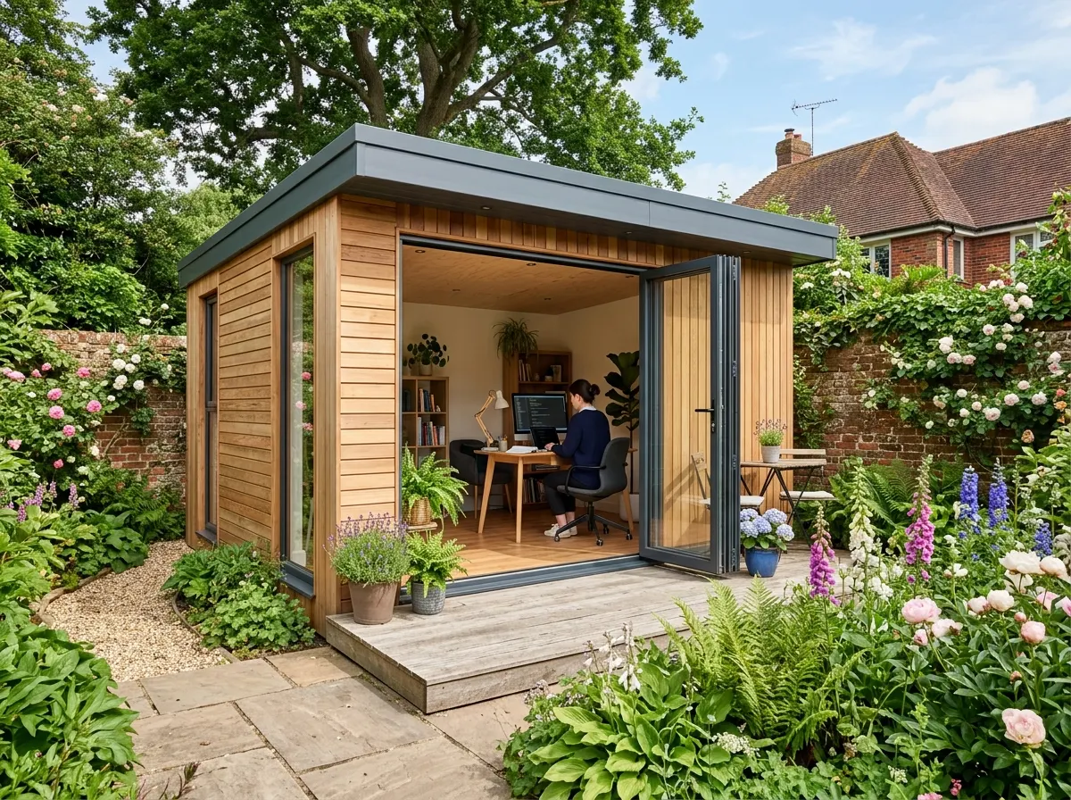 SIPs structural insulated panels being slotted together to form a garden room