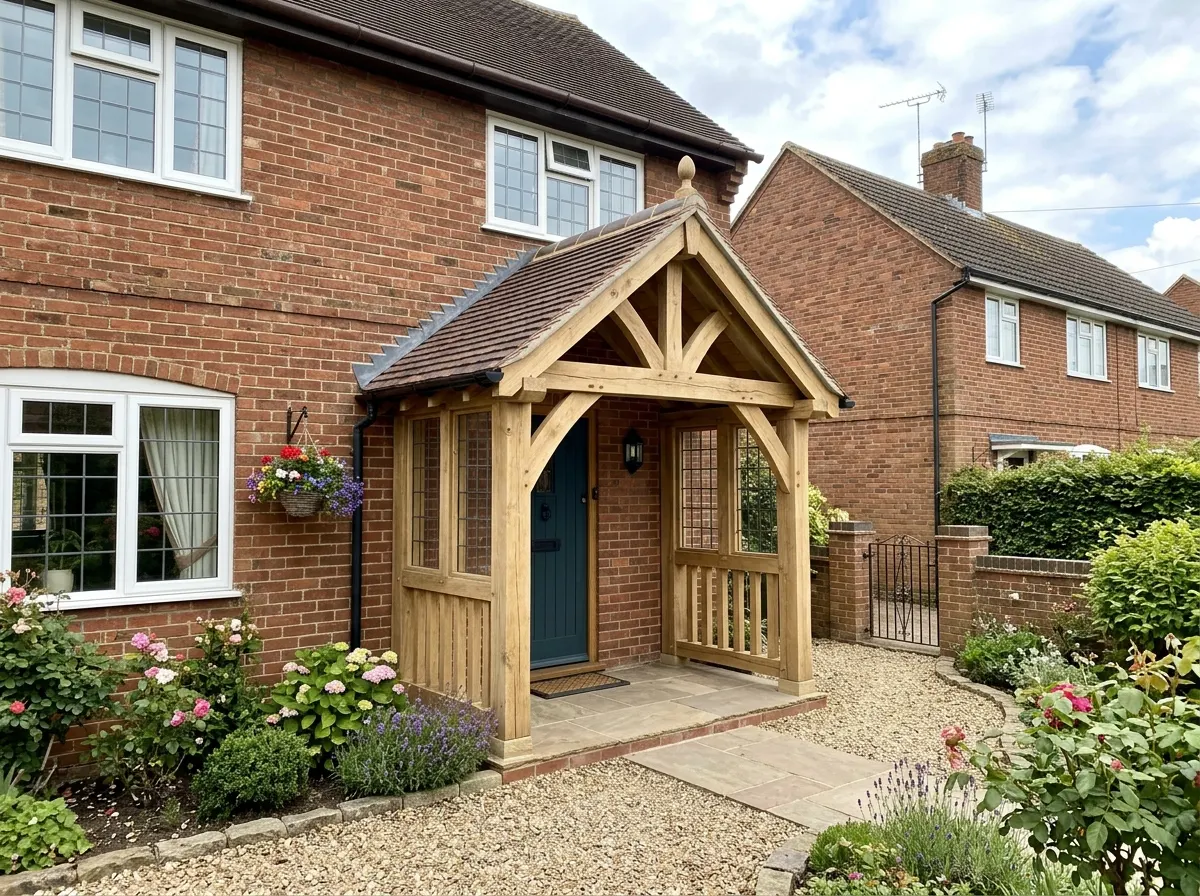 A bespoke heavy green oak framed porch on a rural property