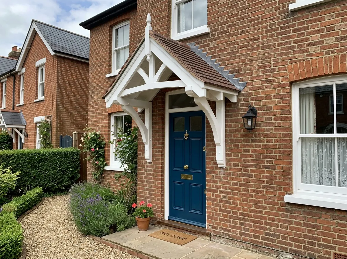 A timber and tile open canopy porch roof supported by wooden brackets over a front door
