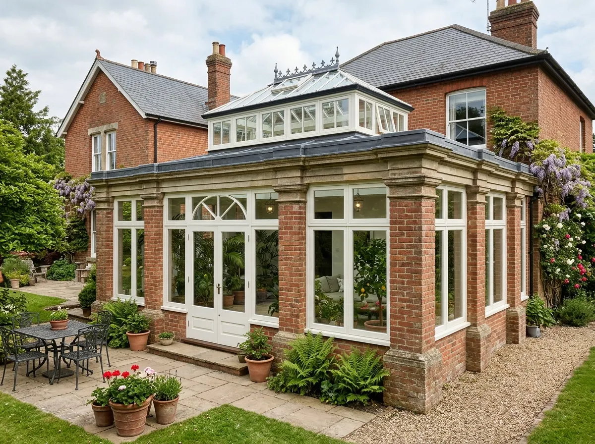 A grand orangery with substantial brick corner pillars, a flat perimeter roof and a raised central glazed roof lantern