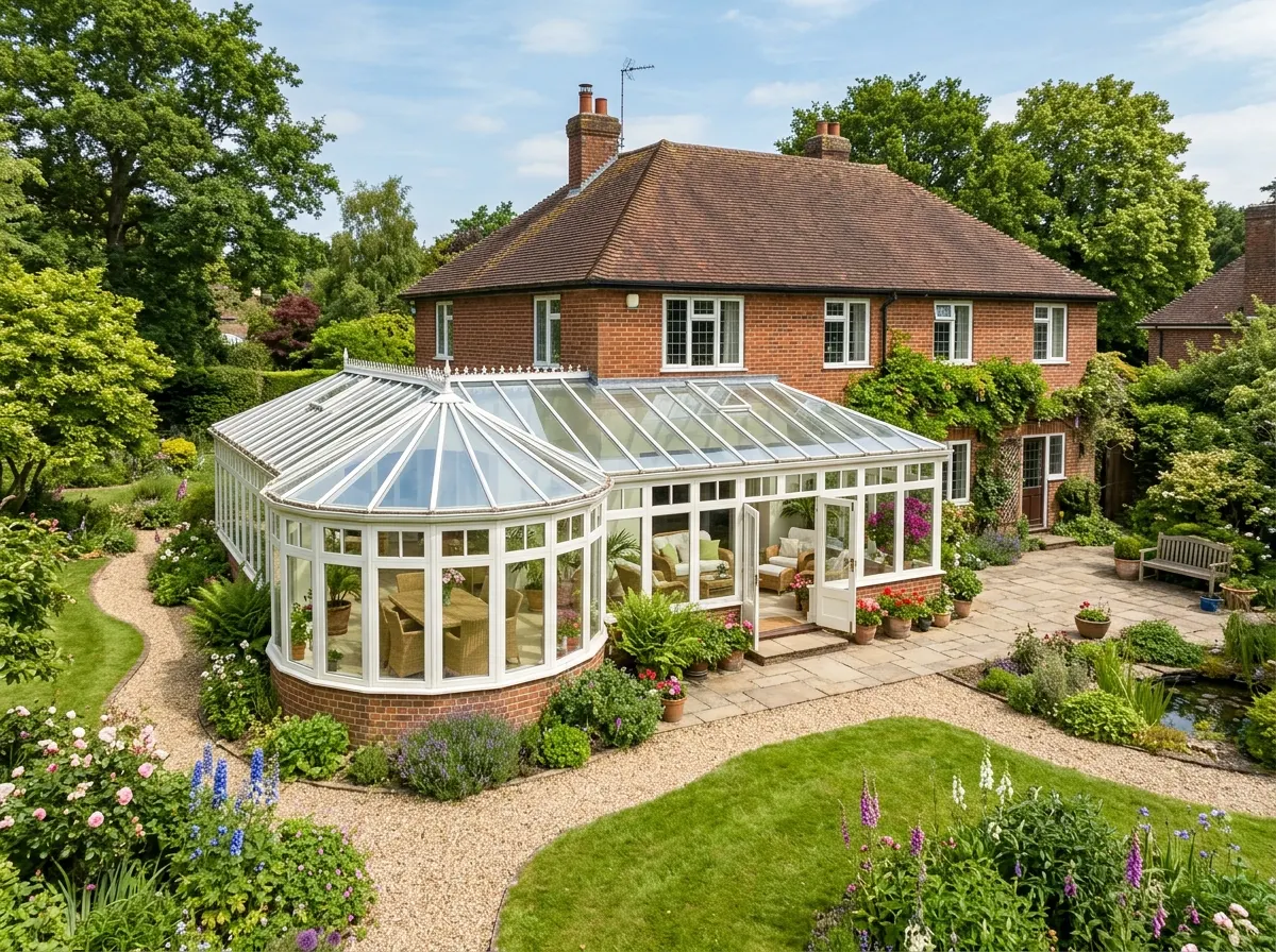 Expansive P-shaped conservatory wrapping around a detached home