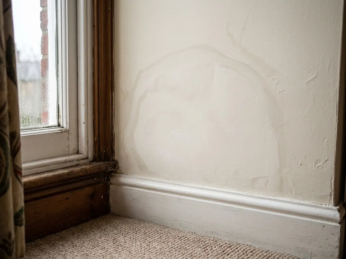 Wet patch of penetrating damp high up on a wall beneath a leaking gutter