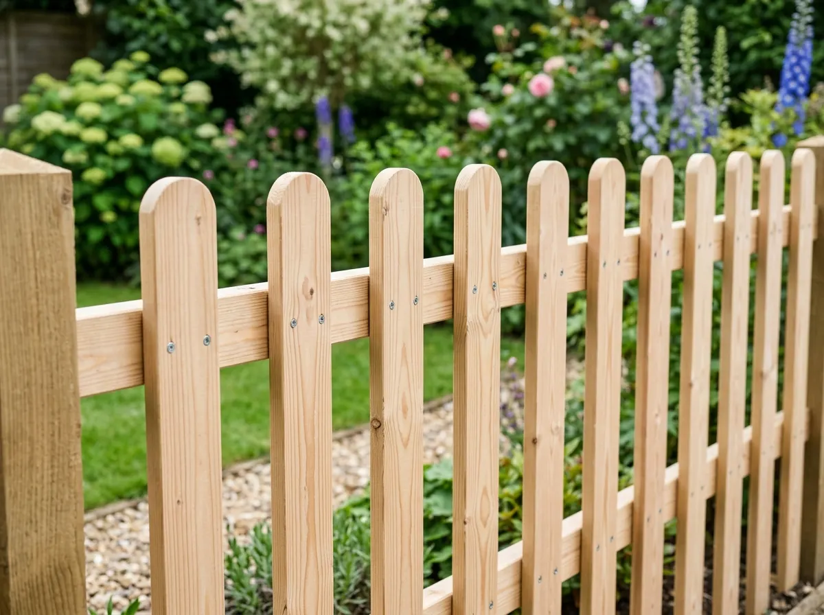 White painted wooden palisade picket fencing in a front garden