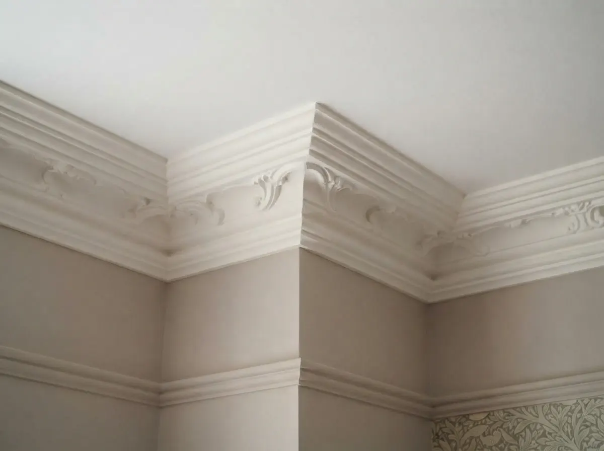 Highly ornate traditional fibrous plaster cornice with decorative dentils