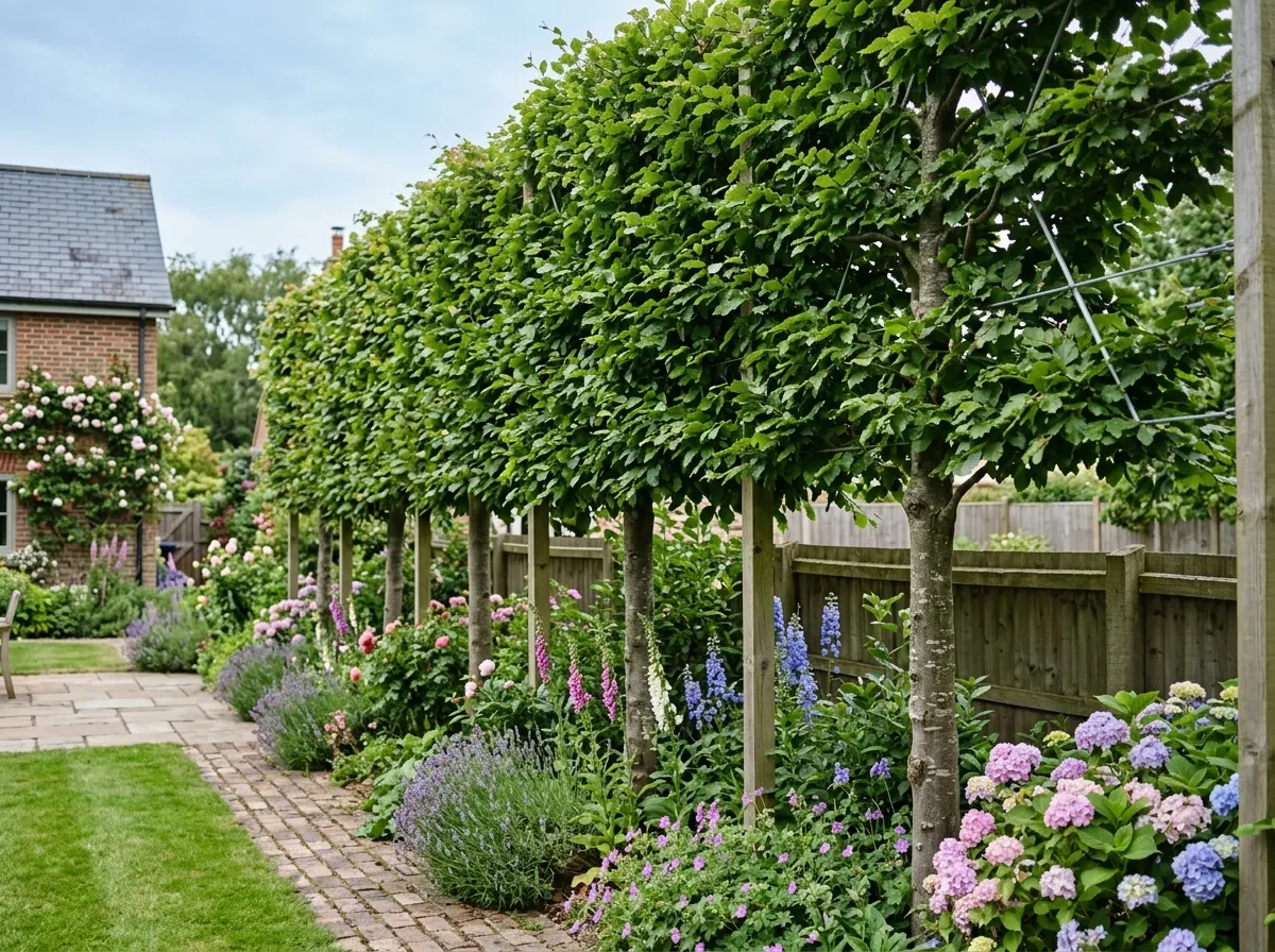 Pleached screening trees planted above a fence line for privacy