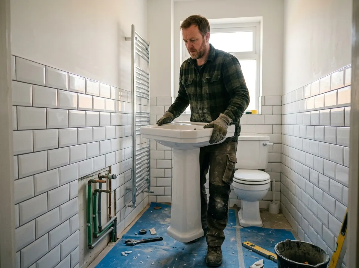 Plumber tightening connections on a bathroom basin waste pipe